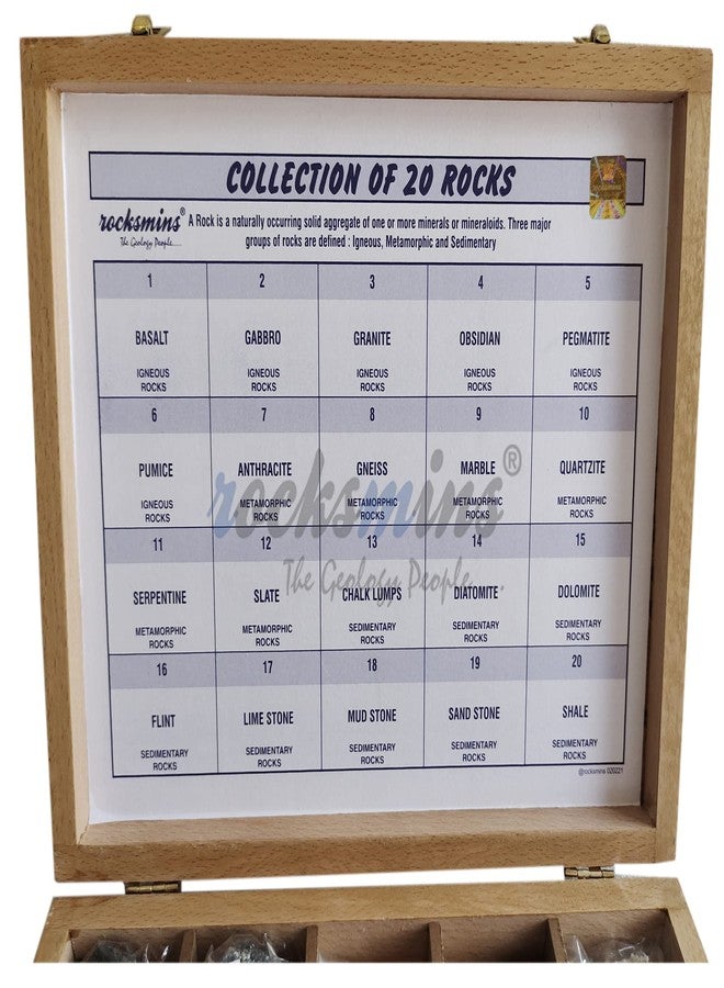 Rocksmins RO20WB-Export-SC Collection of 20 Rocks in a Export Quality Steam Beach Wood Wooden Box 20 Big Specimen Set of Rock Igneous Sedimentary Metamorphic Rock Collection Geology Kits for Study - Image 2